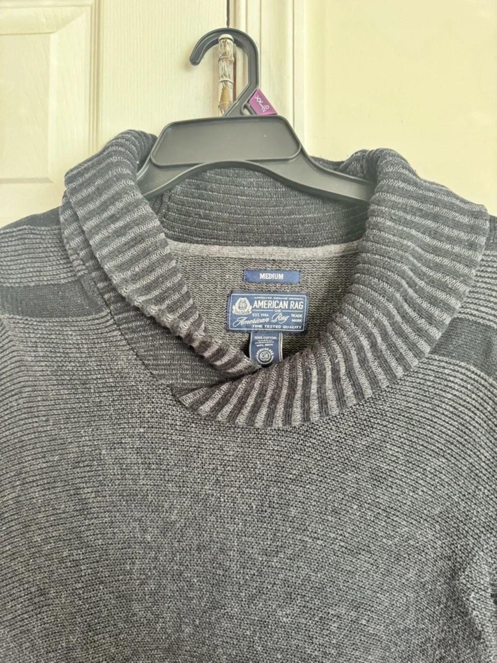 American Rag Mens Medium Gray Black Shawl Collar Knit Pullover Sweater Cotton